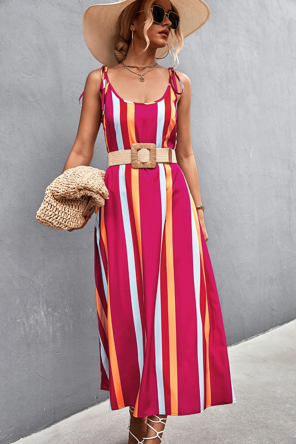 STUNNLY  Striped Scoop Neck Cami Dress   