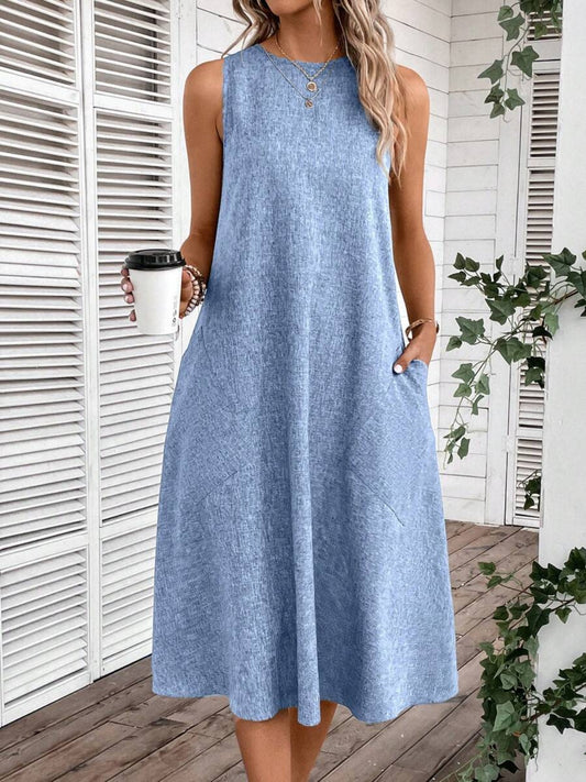 Full Size Pocketed Round Neck Sleeveless Dress Misty  Blue S 