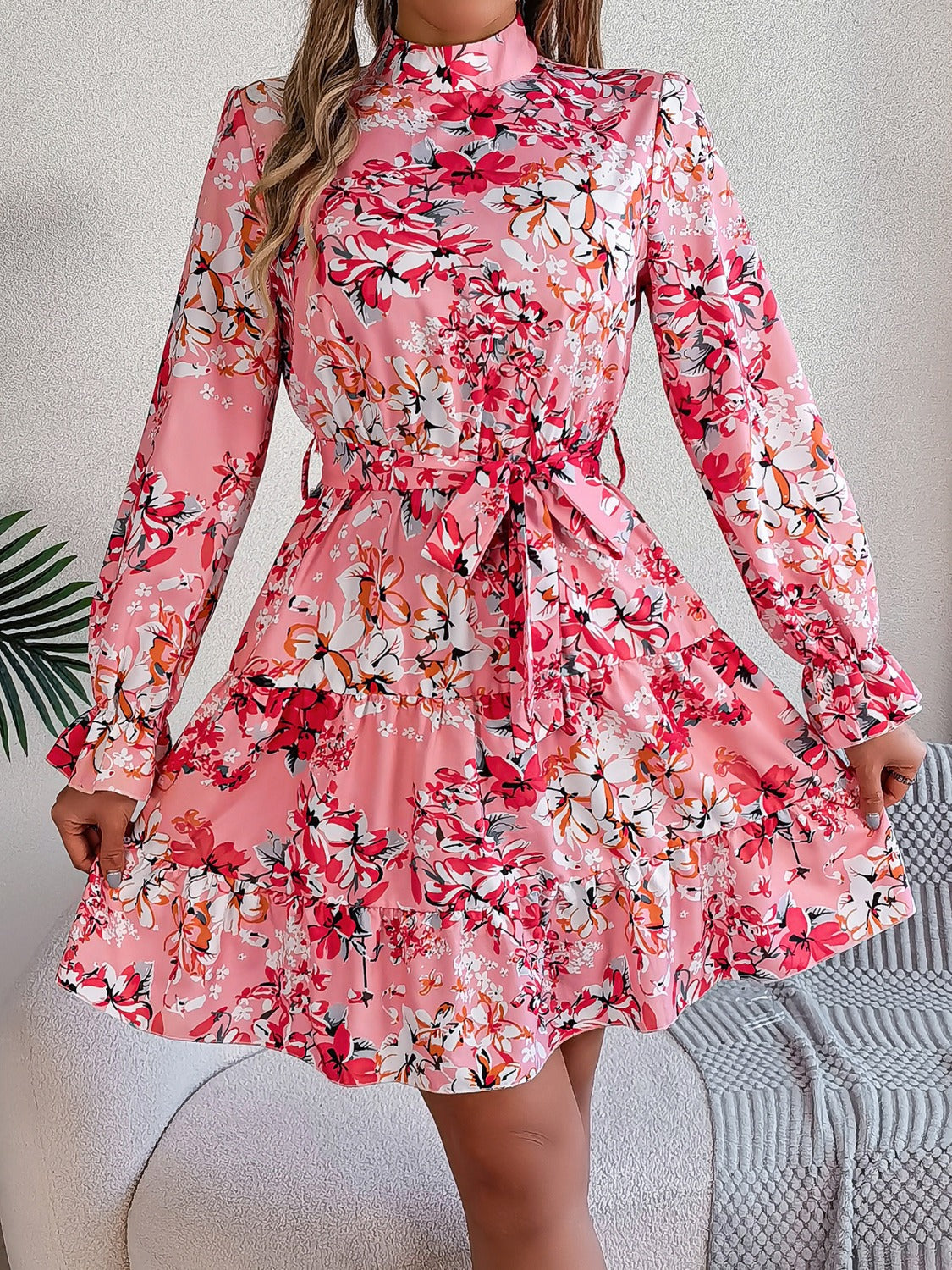 Printed Mock Neck Flounce Sleeve Mini Dress Deep Rose S 