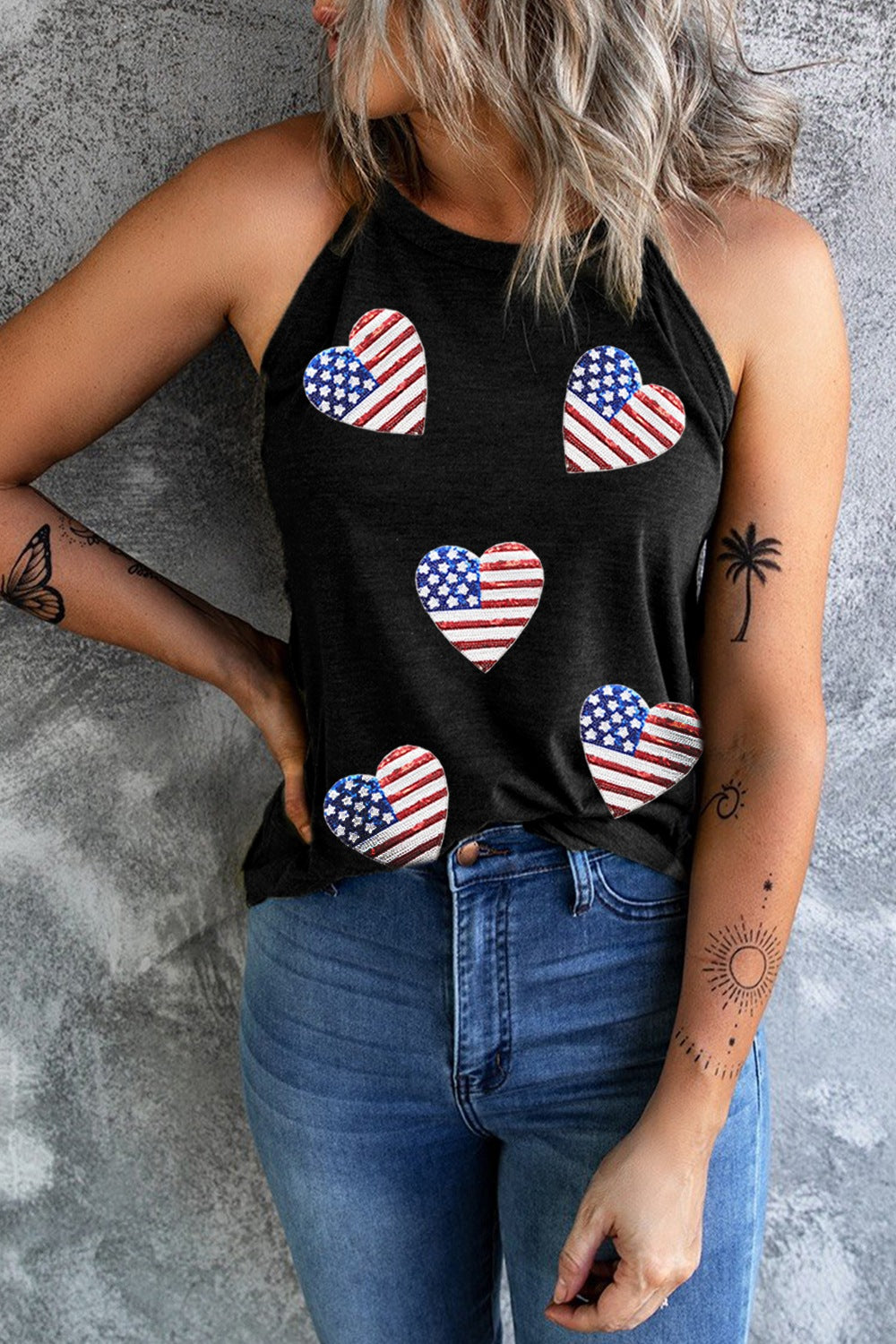 STUNNLY  Heart US Flag Round Neck Grecian Neck Tank   