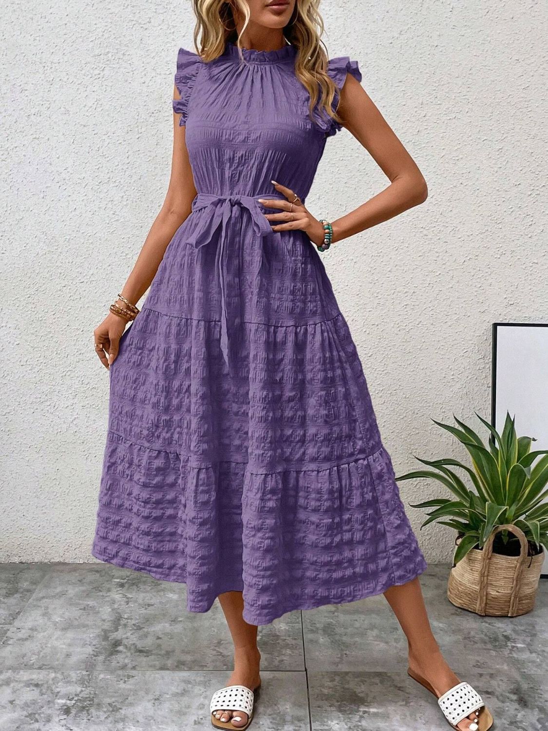 Tied Ruffled Cap Sleeve Midi Dress Purple S 