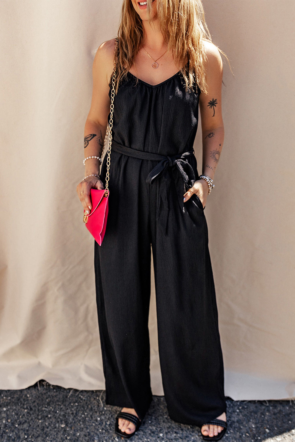 STUNNLY  Tied V-Neck Spaghetti Strap Jumpsuit Black S 