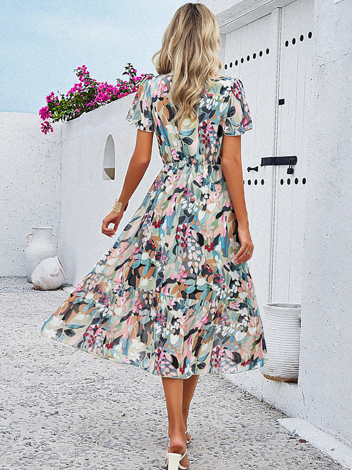 Printed V-Neck Flutter Sleeve Midi Dress   