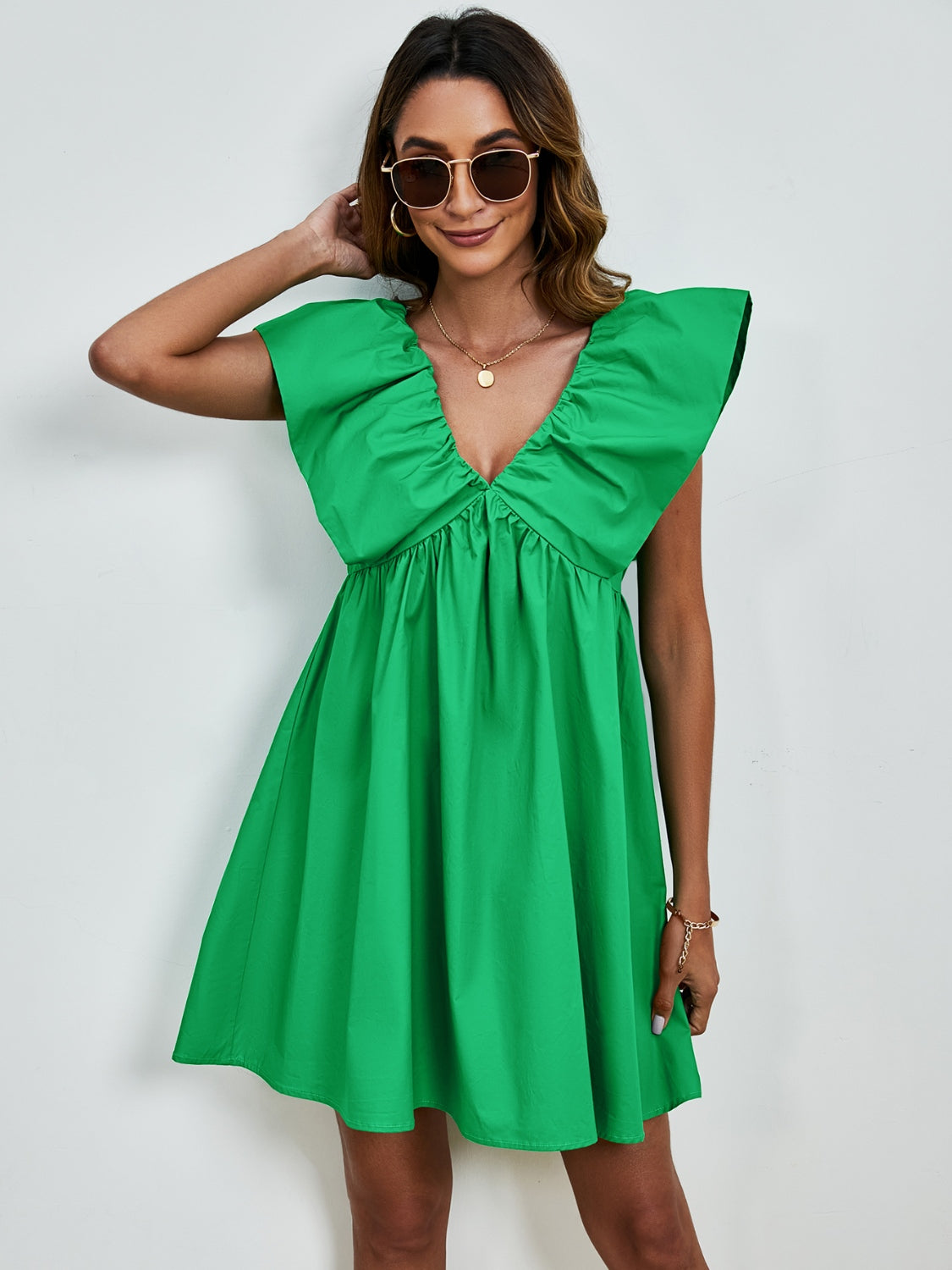 V-Neck Cap Sleeve Mini Dress   