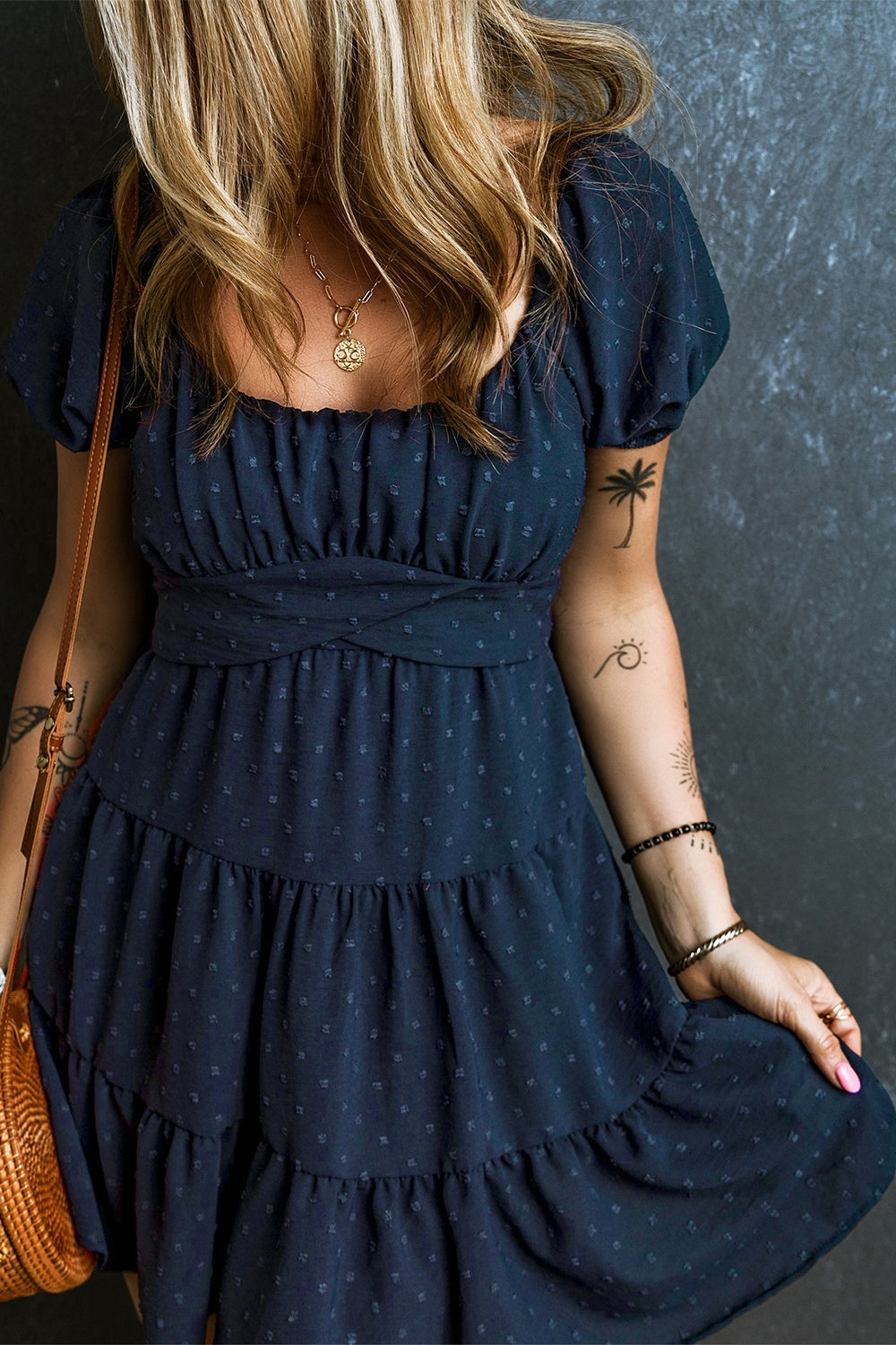 STUNNLY  Swiss Dot Short Sleeve Mini Dress   