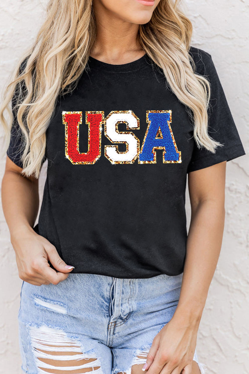 STUNNLY  USA Round Neck Short Sleeve T-Shirt Black S 