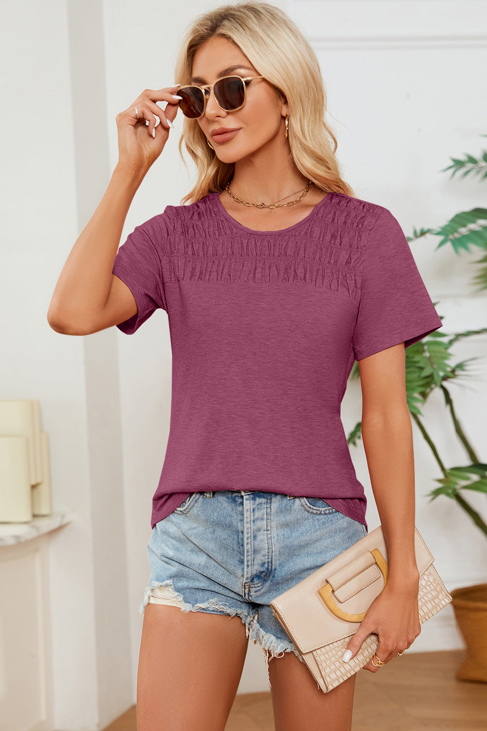 STUNNLY  Ruched Round Neck Short Sleeve T-Shirt   