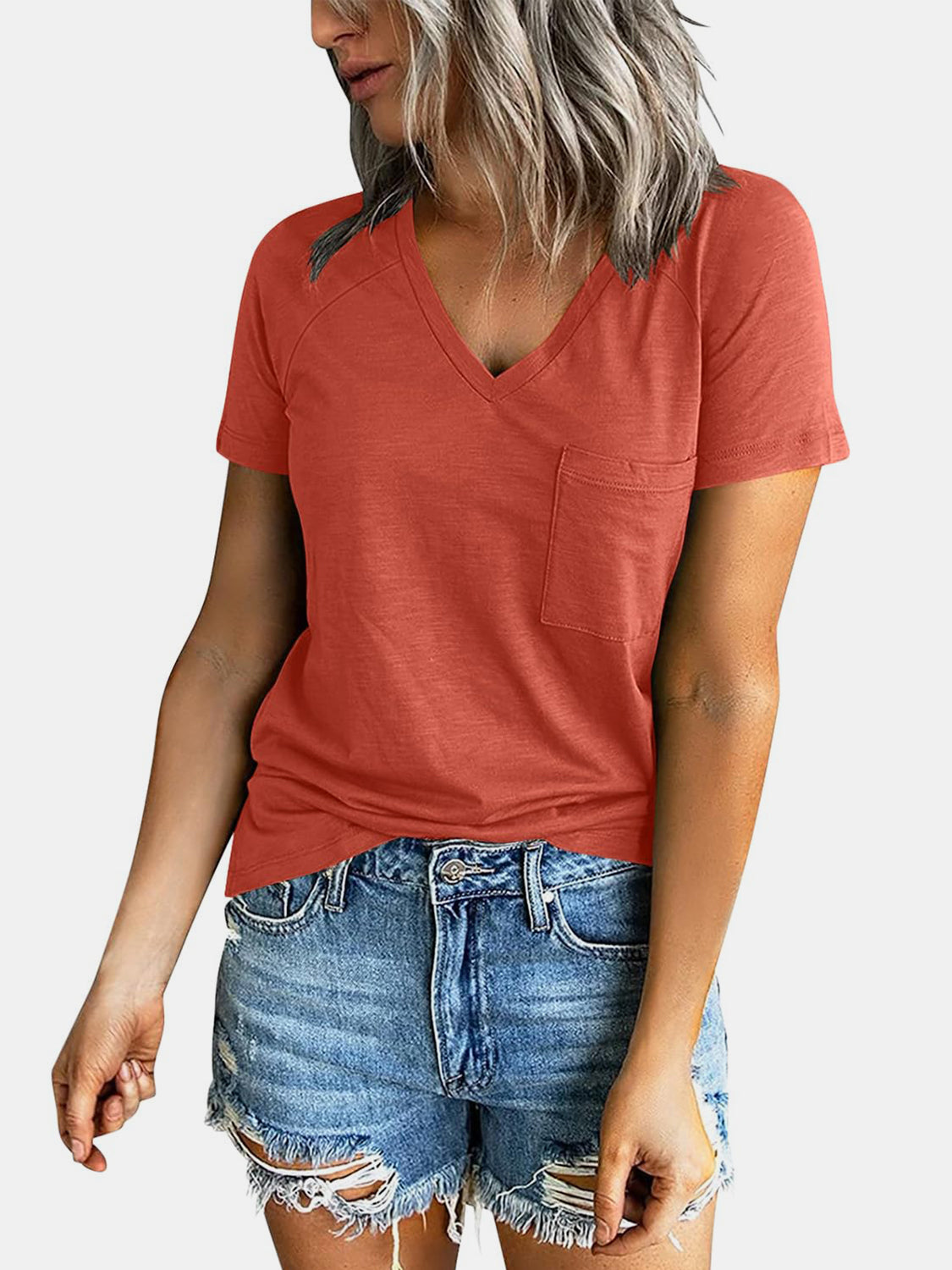 STUNNLY  Pocketed V-Neck Short Sleeve T-Shirt   