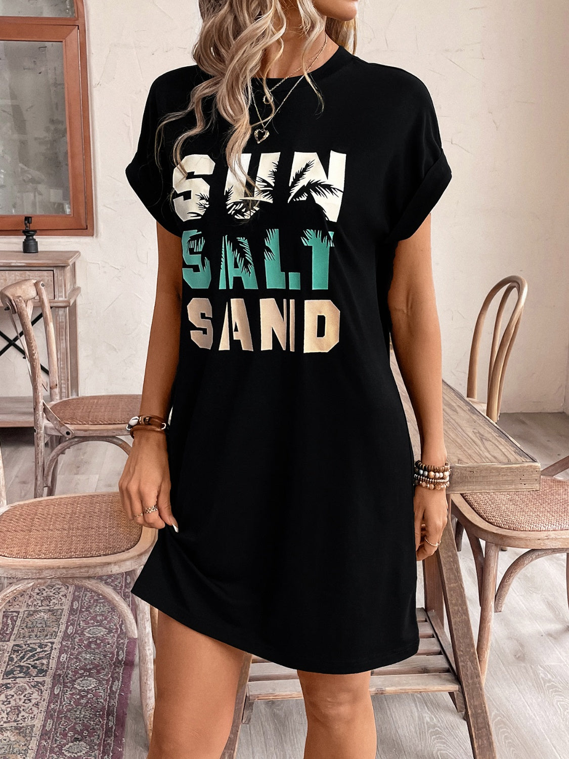 Letter Graphic Round Neck Short Sleeve Mini Tee Dress   