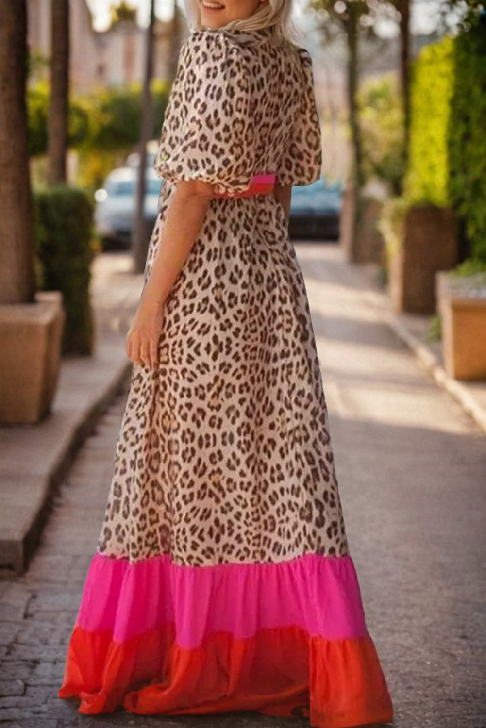 Full Size Leopard V-Neck Half Sleeve Maxi Dress   