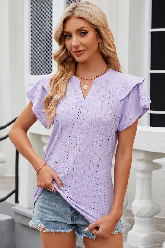 STUNNLY  Eyelet Notched Flutter Sleeve T-Shirt Lavender S 