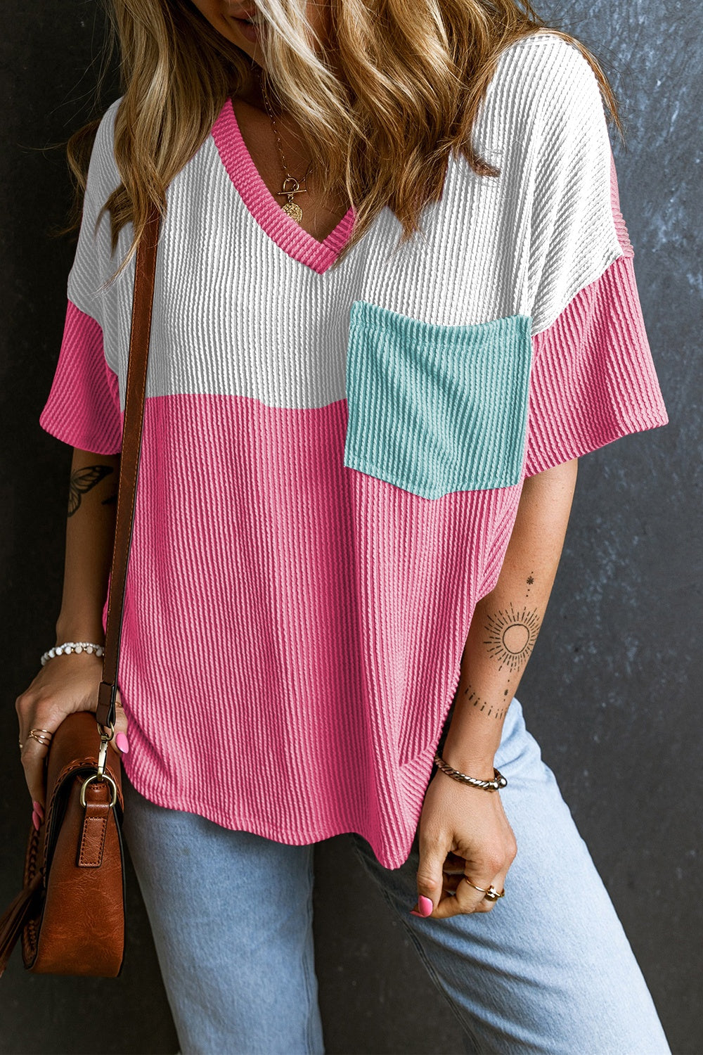 Color Block V-Neck Short Sleeve T-Shirt Carnation Pink S 