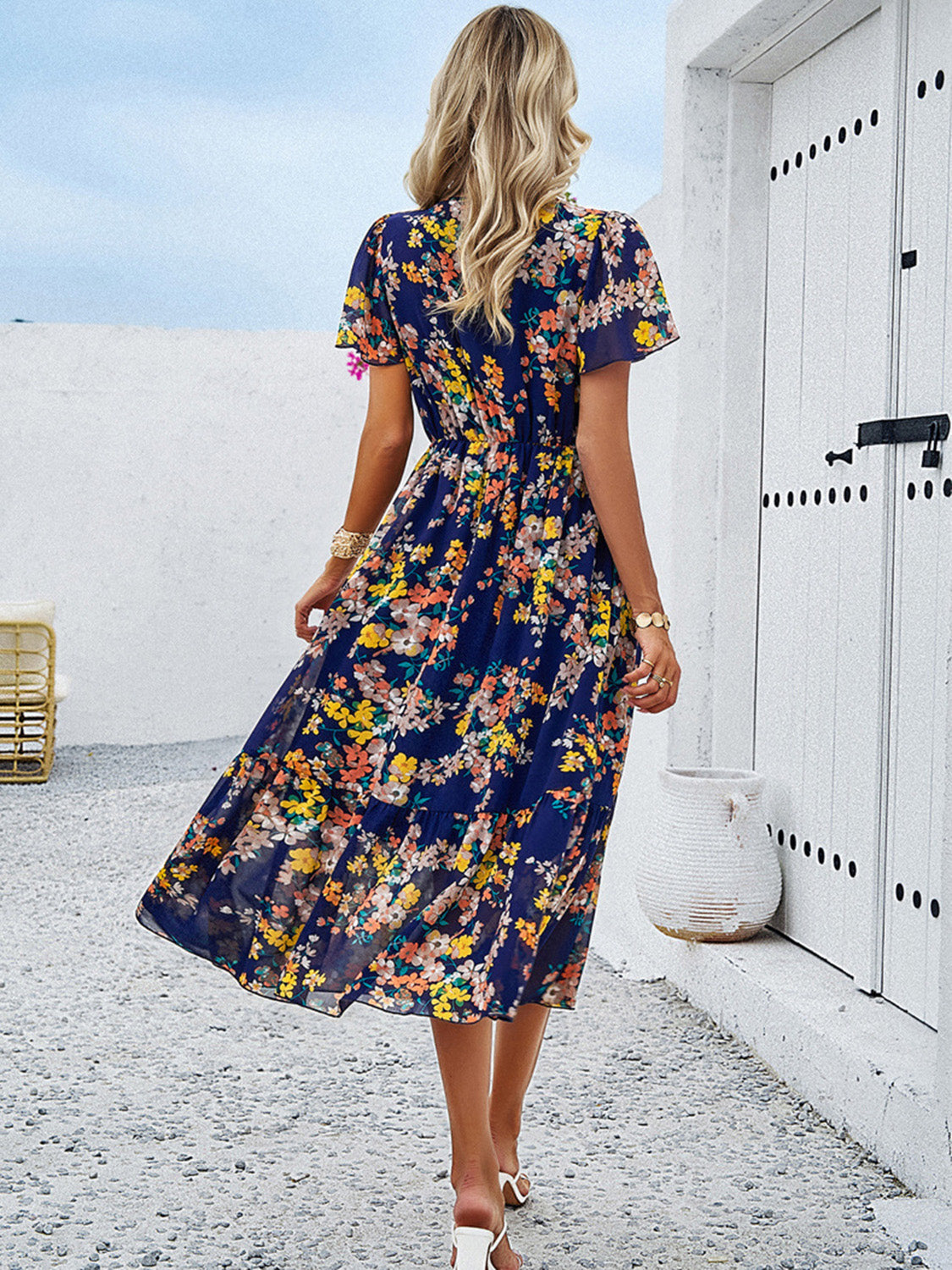 Printed V-Neck Flutter Sleeve Midi Dress   