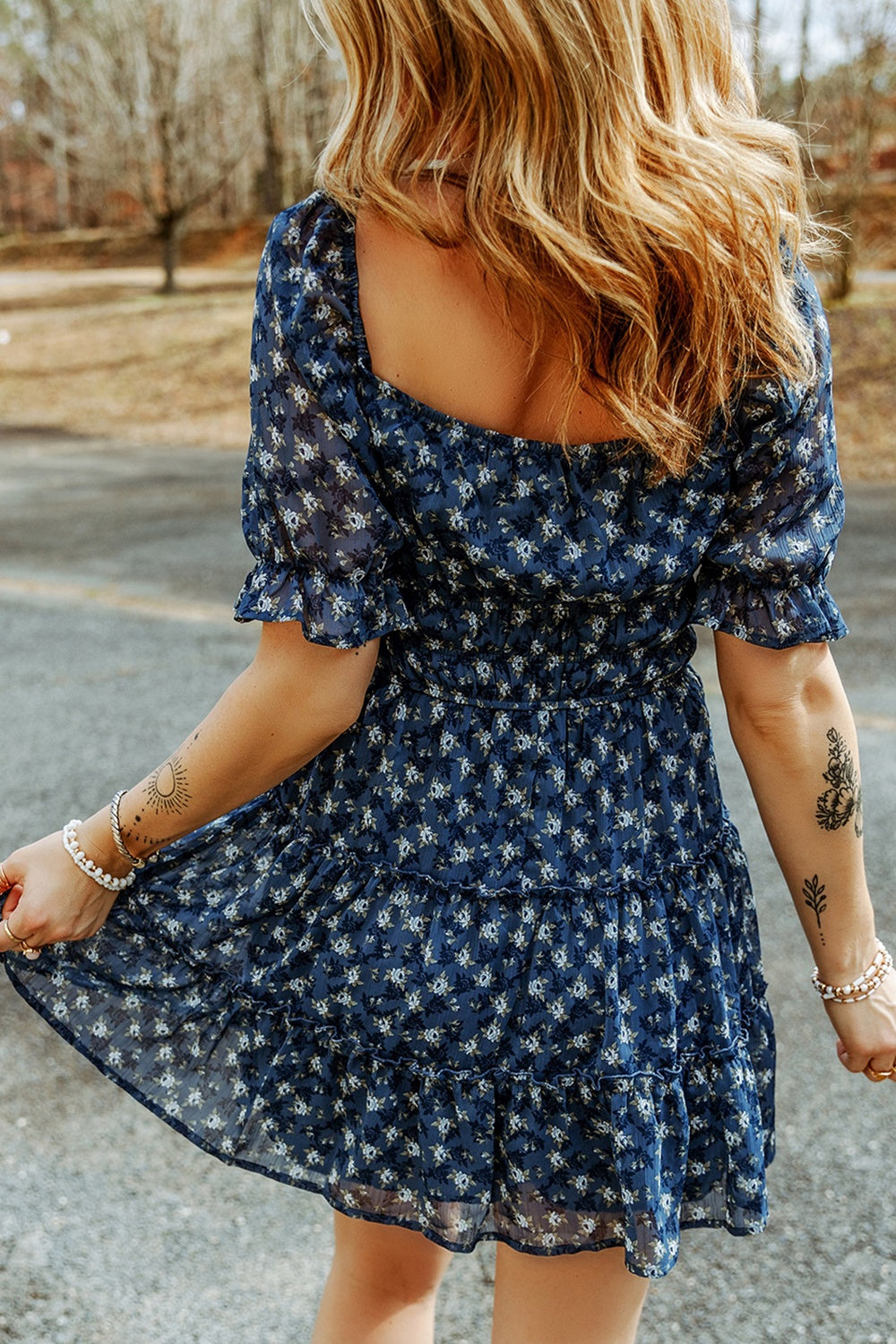 Printed Square Neck Short Sleeve Dress   