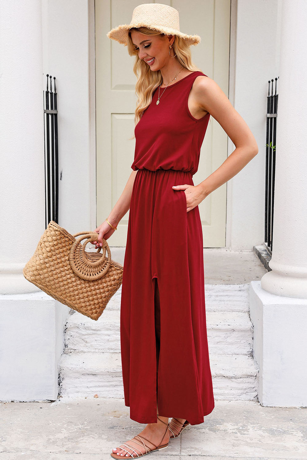 Slit Round Neck Sleeveless Dress   