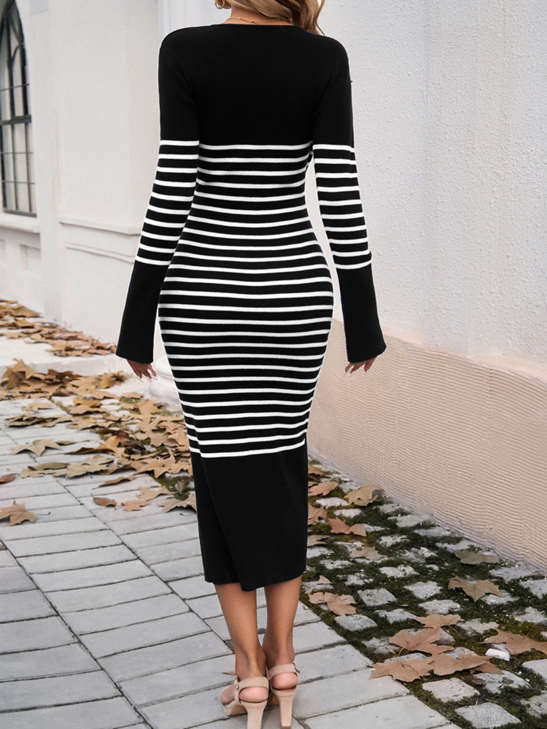 Striped V-Neck Long Sleeve Sweater Dress   