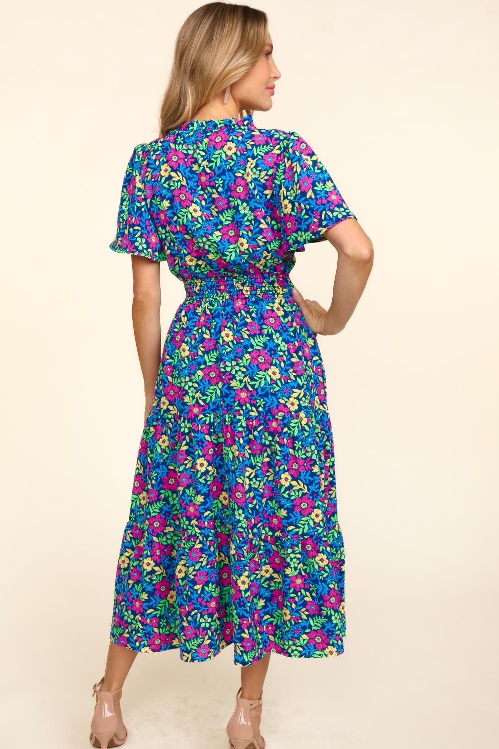 Haptics Printed Notched Short Sleeve Dress with Pockets   