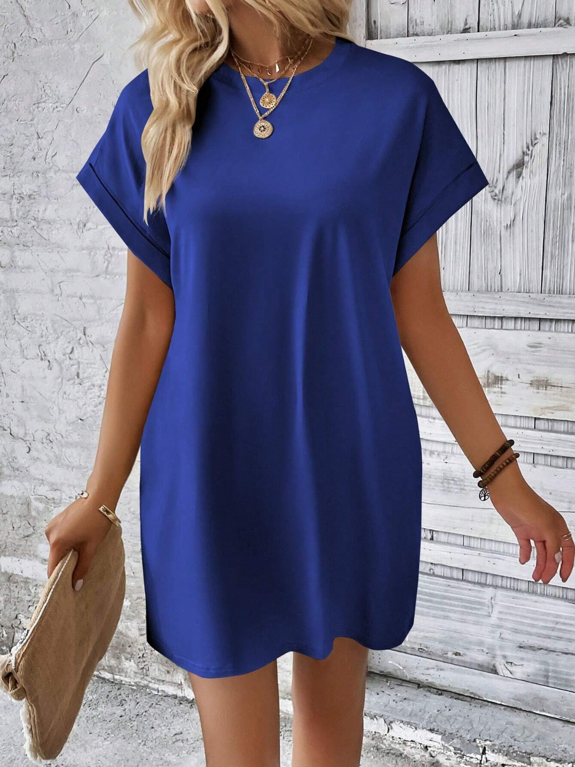 Round Neck Short Sleeve Mini Dress   