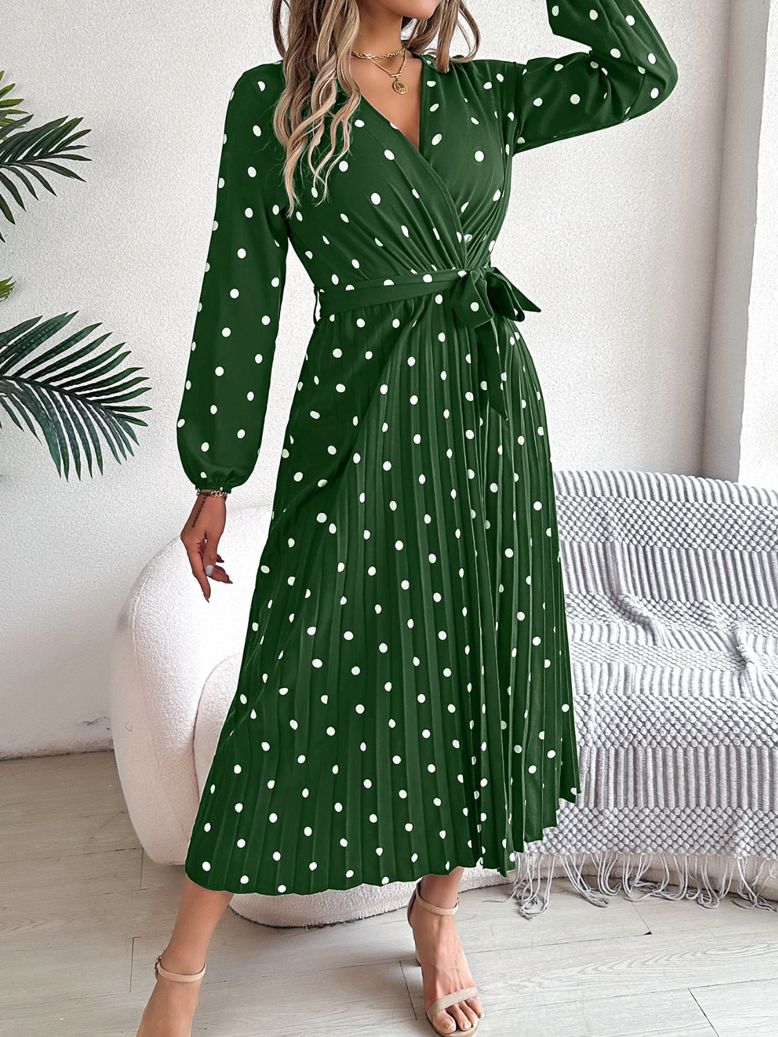 Tied Polka Dot Long Sleeve Midi Dress Dark Green S 