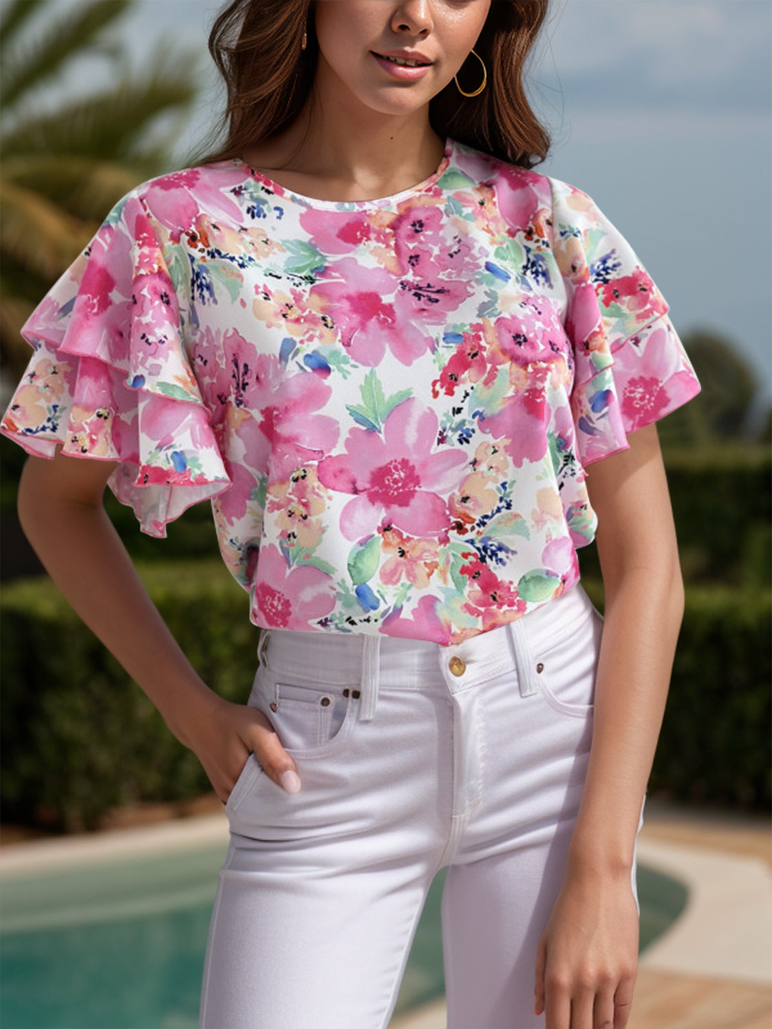 Floral Round Neck Flutter Sleeve Blouse Carnation Pink S 