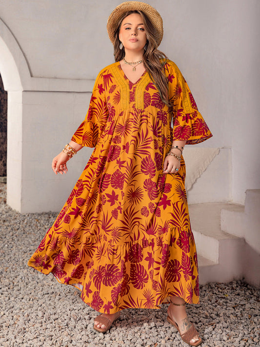 Plus Size Lace Detail Printed V-Neck Maxi Dress Tangerine 0XL 