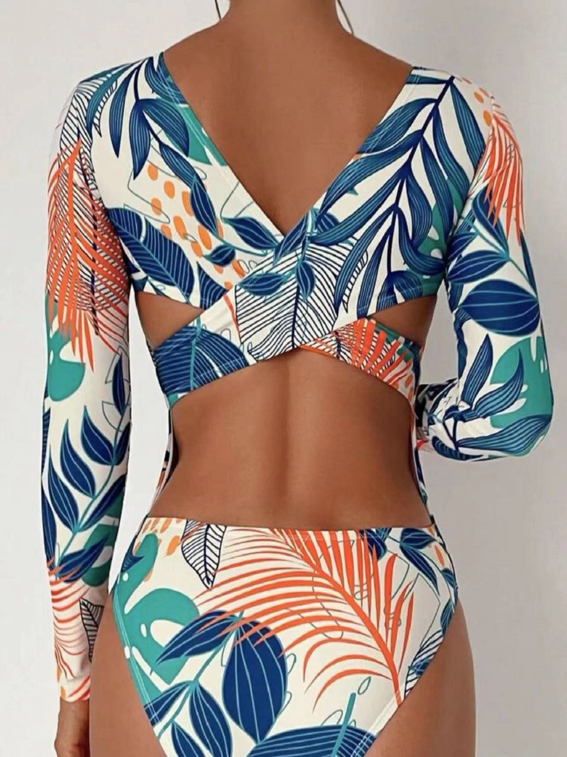 Crisscross Round Neck Long Sleeve Swimwear   