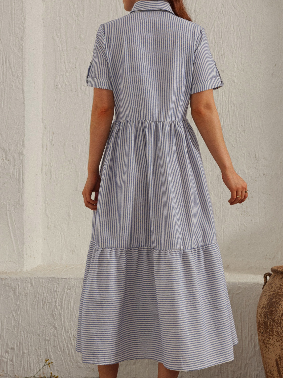 Striped Collared Neck Short Sleeve Dress   