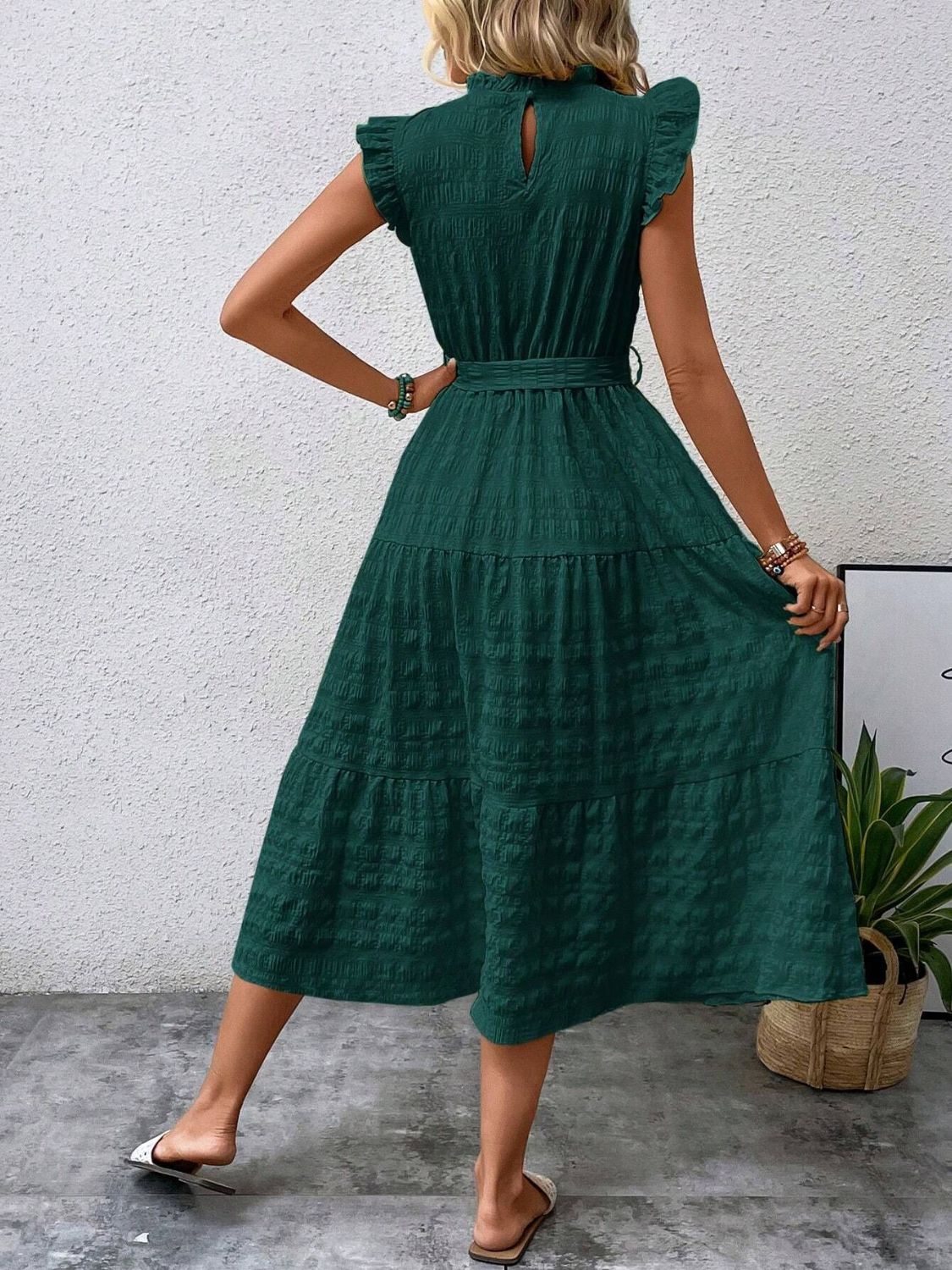 Tied Ruffled Cap Sleeve Midi Dress   