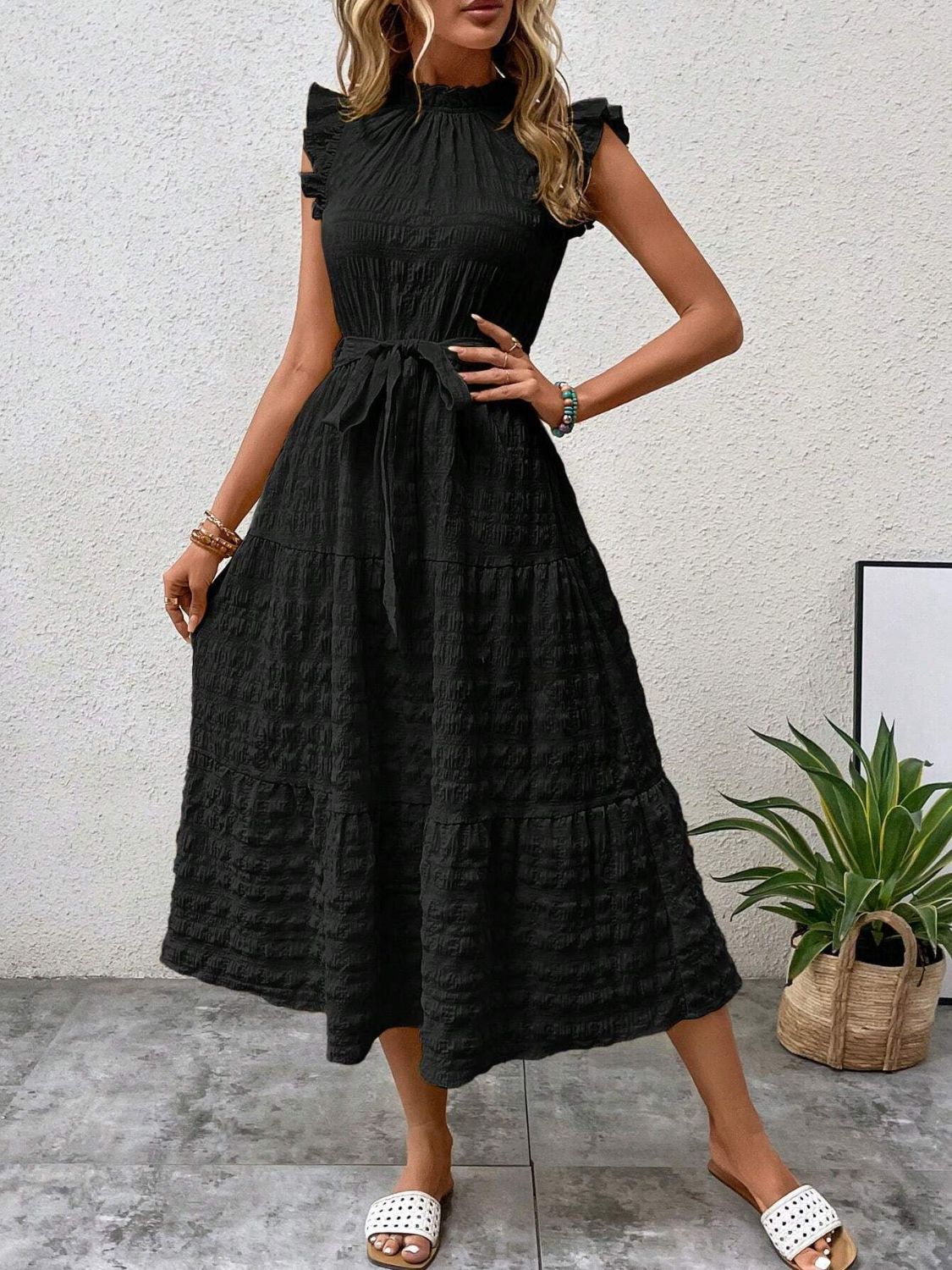 Tied Ruffled Cap Sleeve Midi Dress Black S 