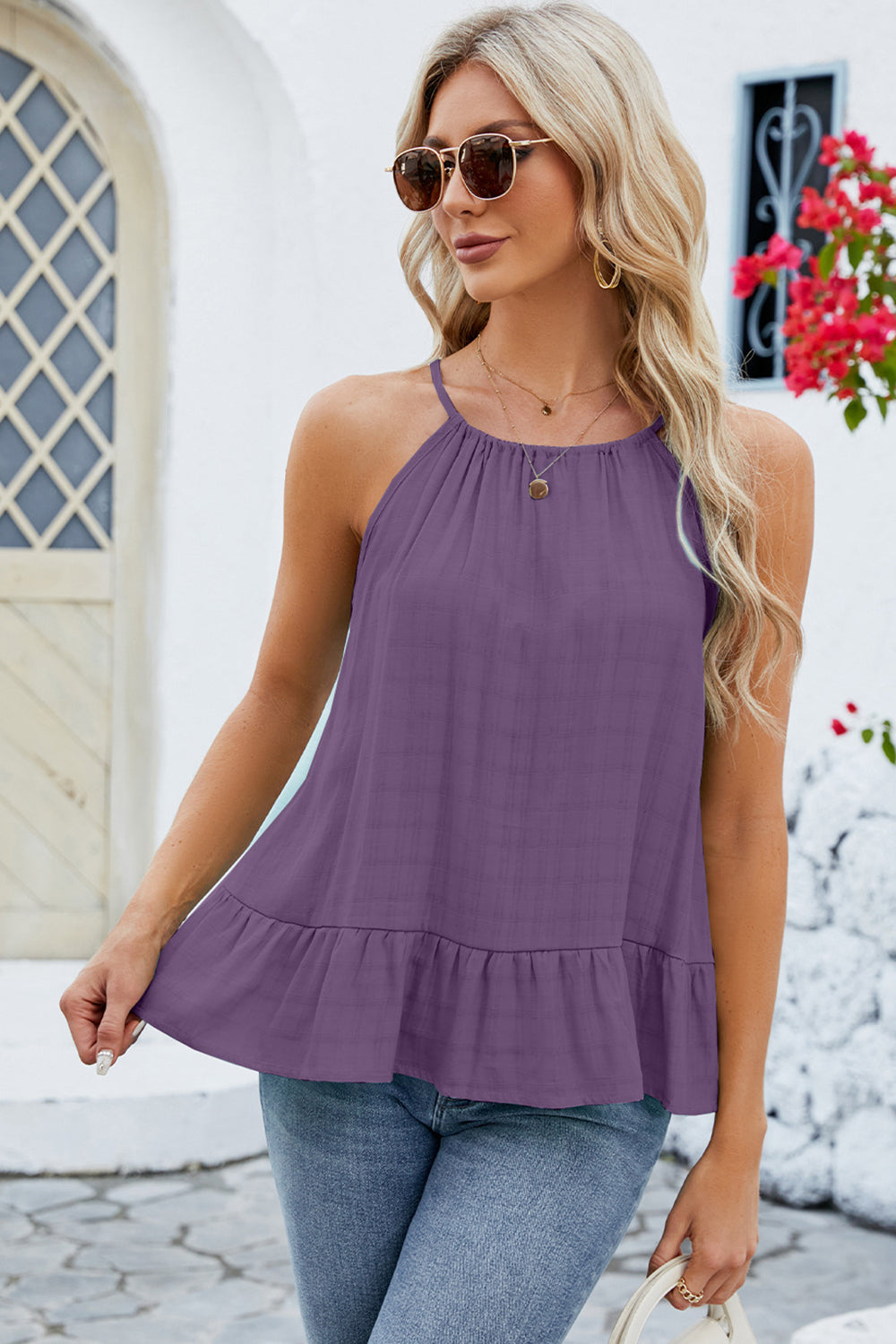 STUNNLY  Tied Ruffled Round Neck Cami   