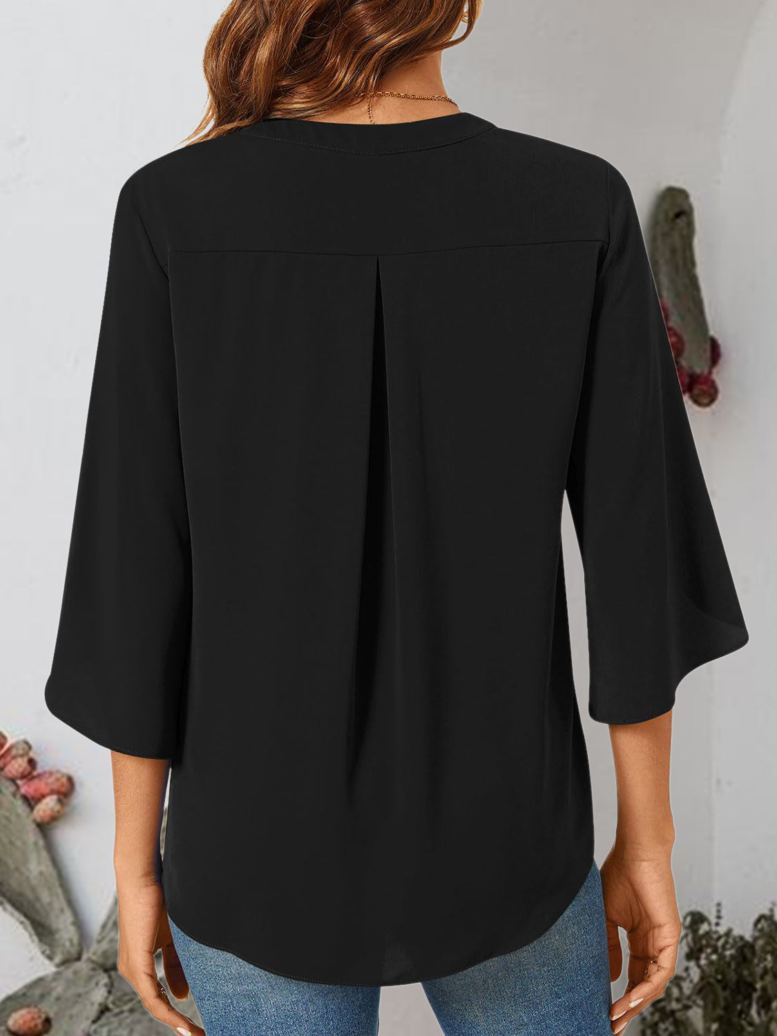 Notched Slit Half Sleeve Blouse   