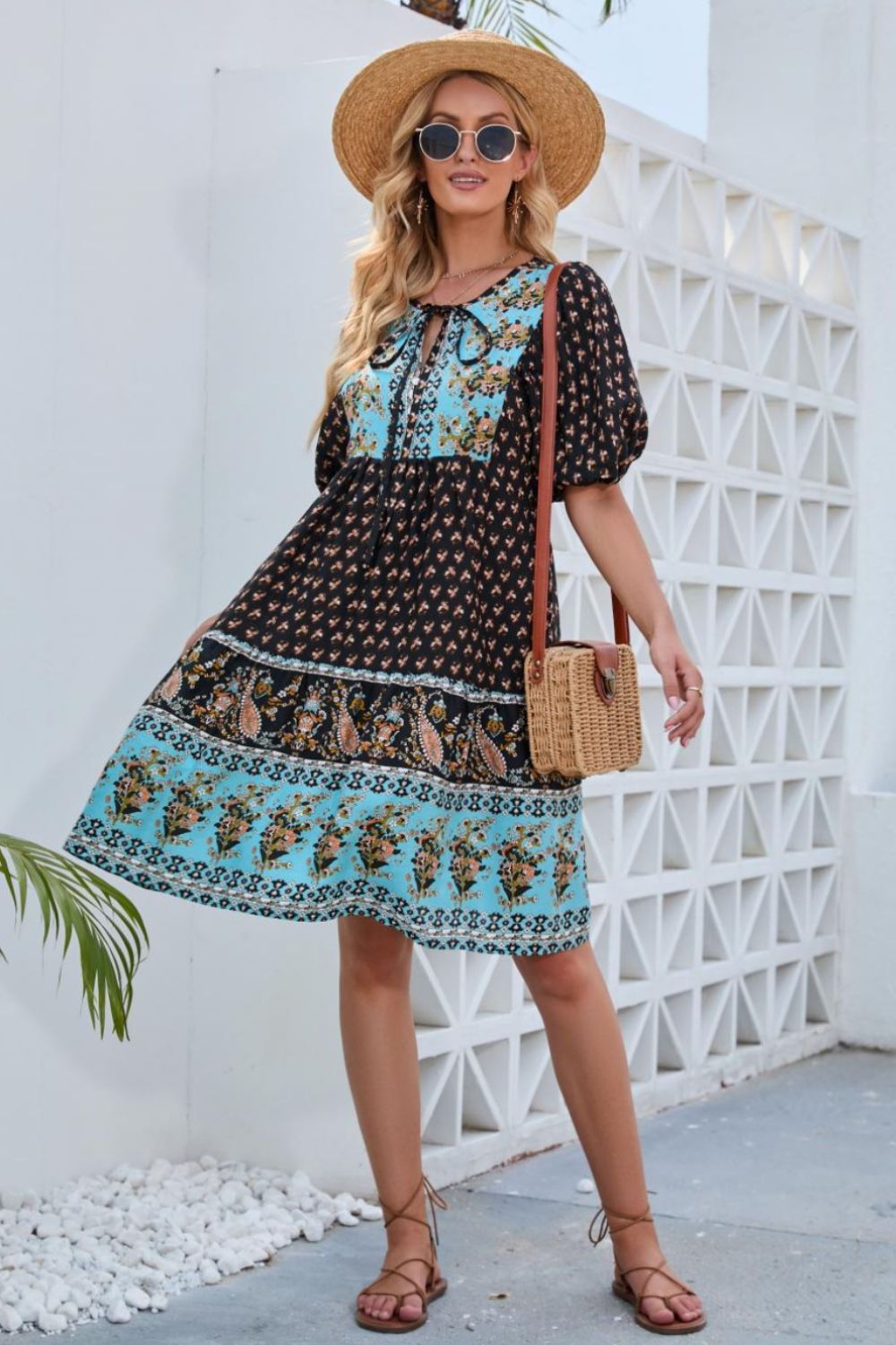 Printed Tie Neck Half Sleeve Dress   