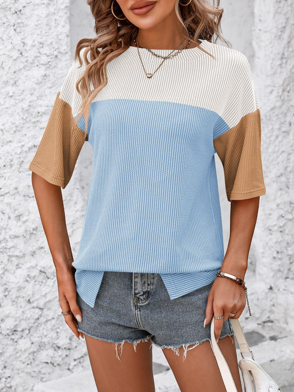 STUNNLY  Color Block Round Neck Half Sleeve T-Shirt   