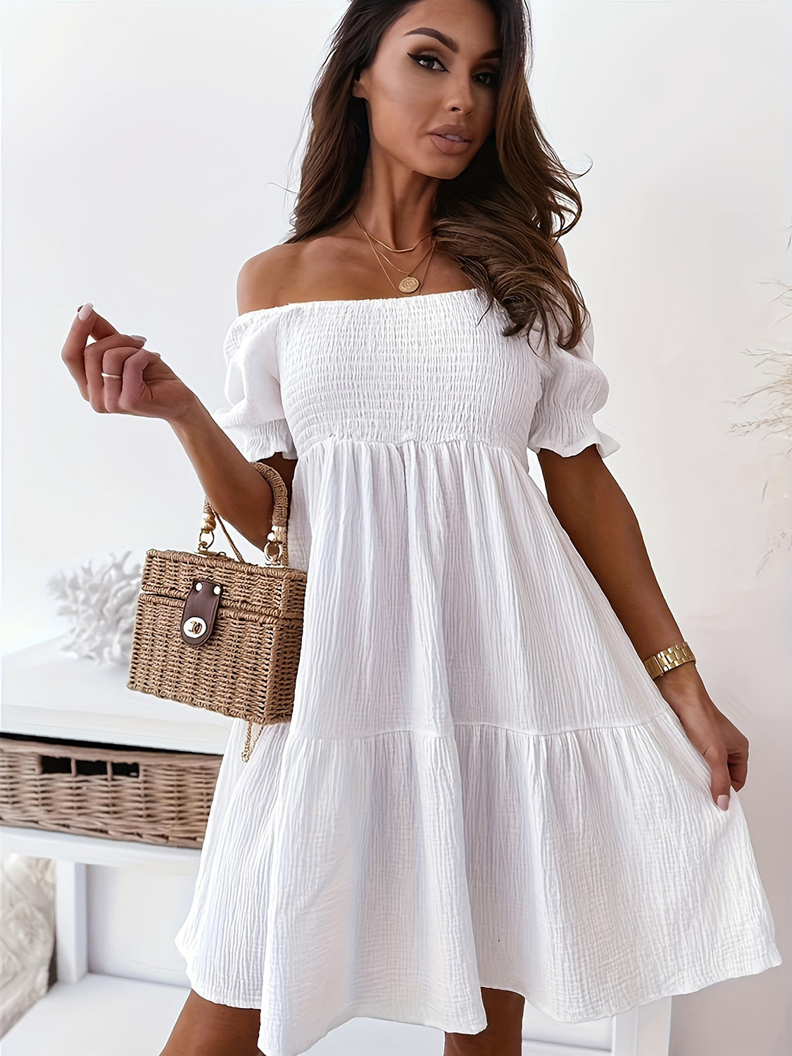 Full Size Ruffled Off-Shoulder Short Sleeve Dress White S 