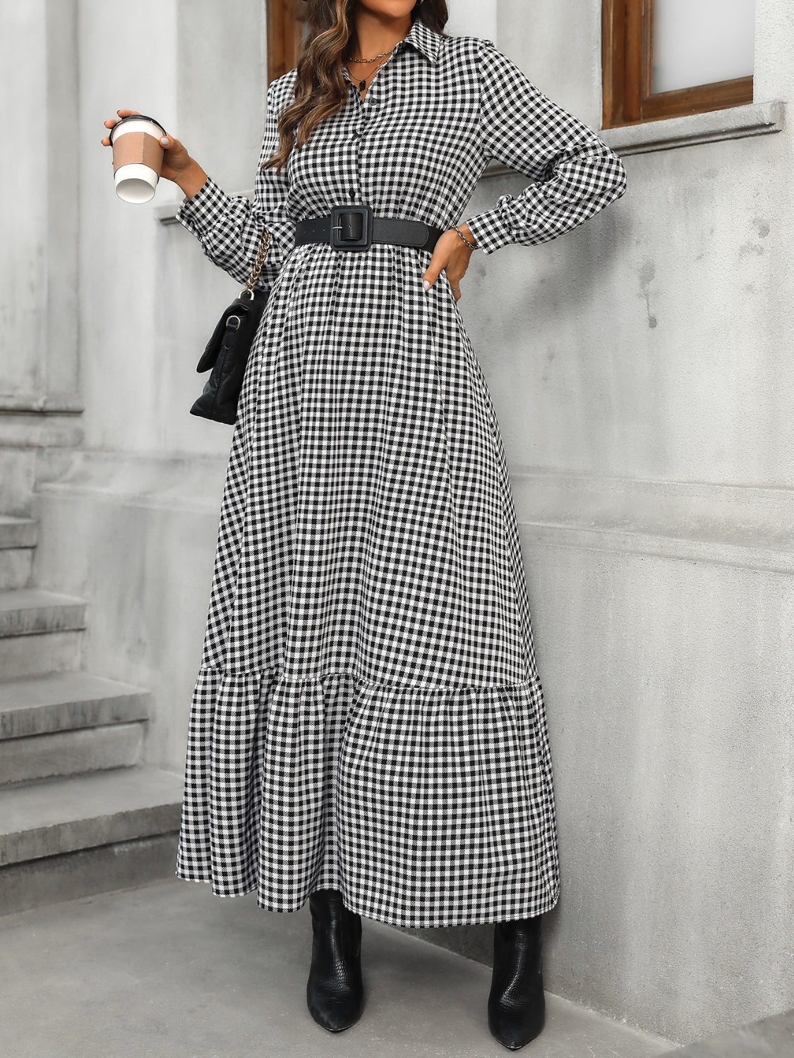 Ruffle Hem Plaid Long Sleeve Dress   