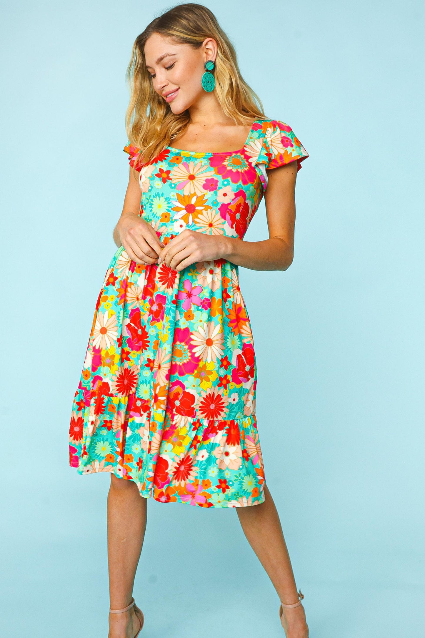 Haptics Floral Square Neck Short Sleeve Dress   