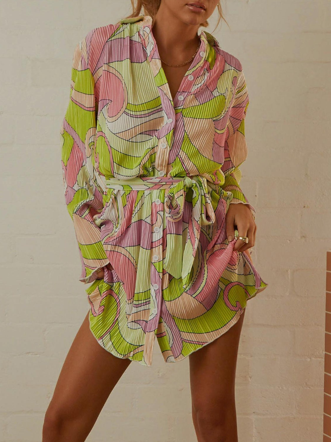 Tied Button Up Long Sleeve Dress Lime S 