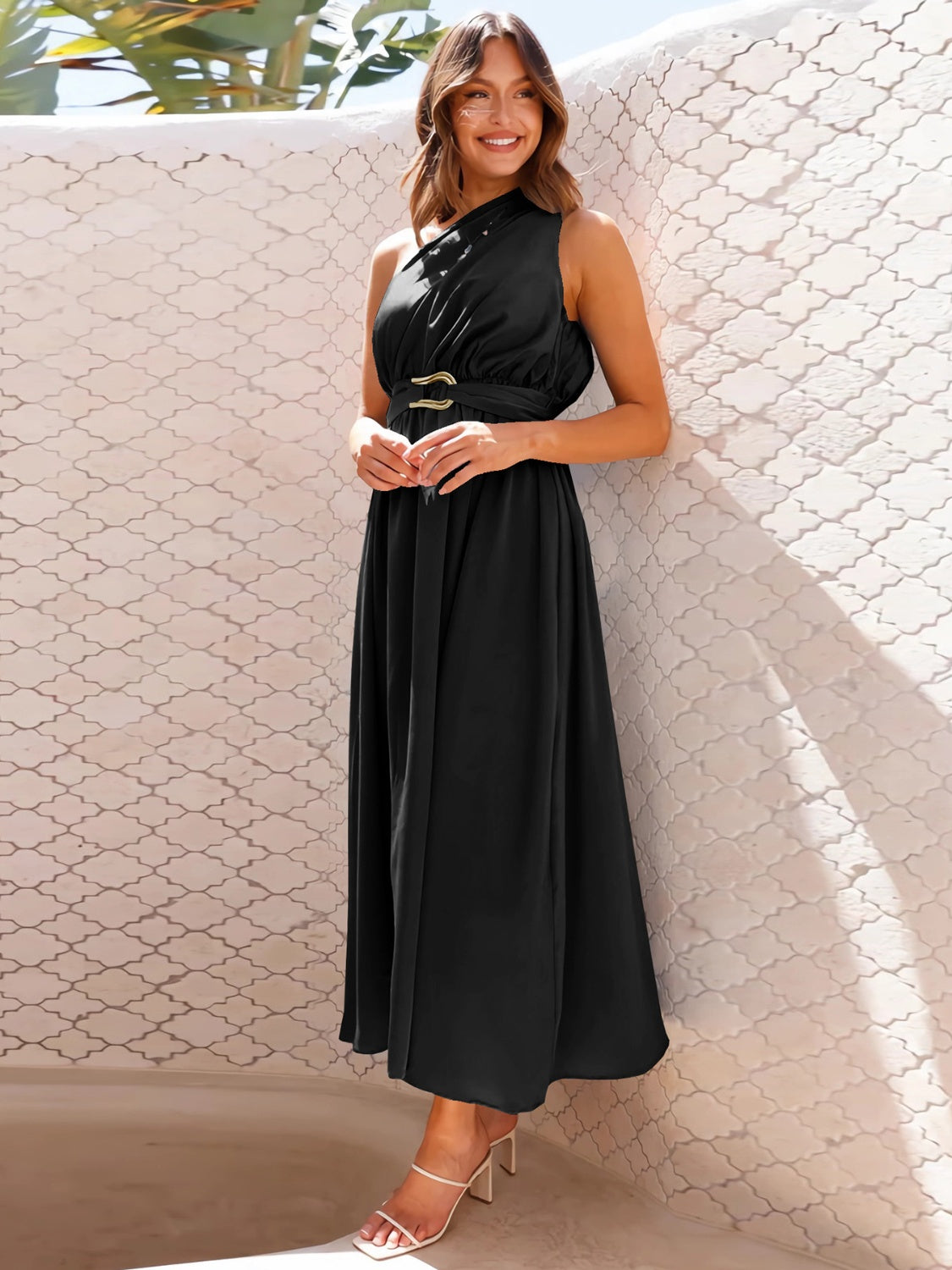 Single Shoulder Midi Dress Black S 