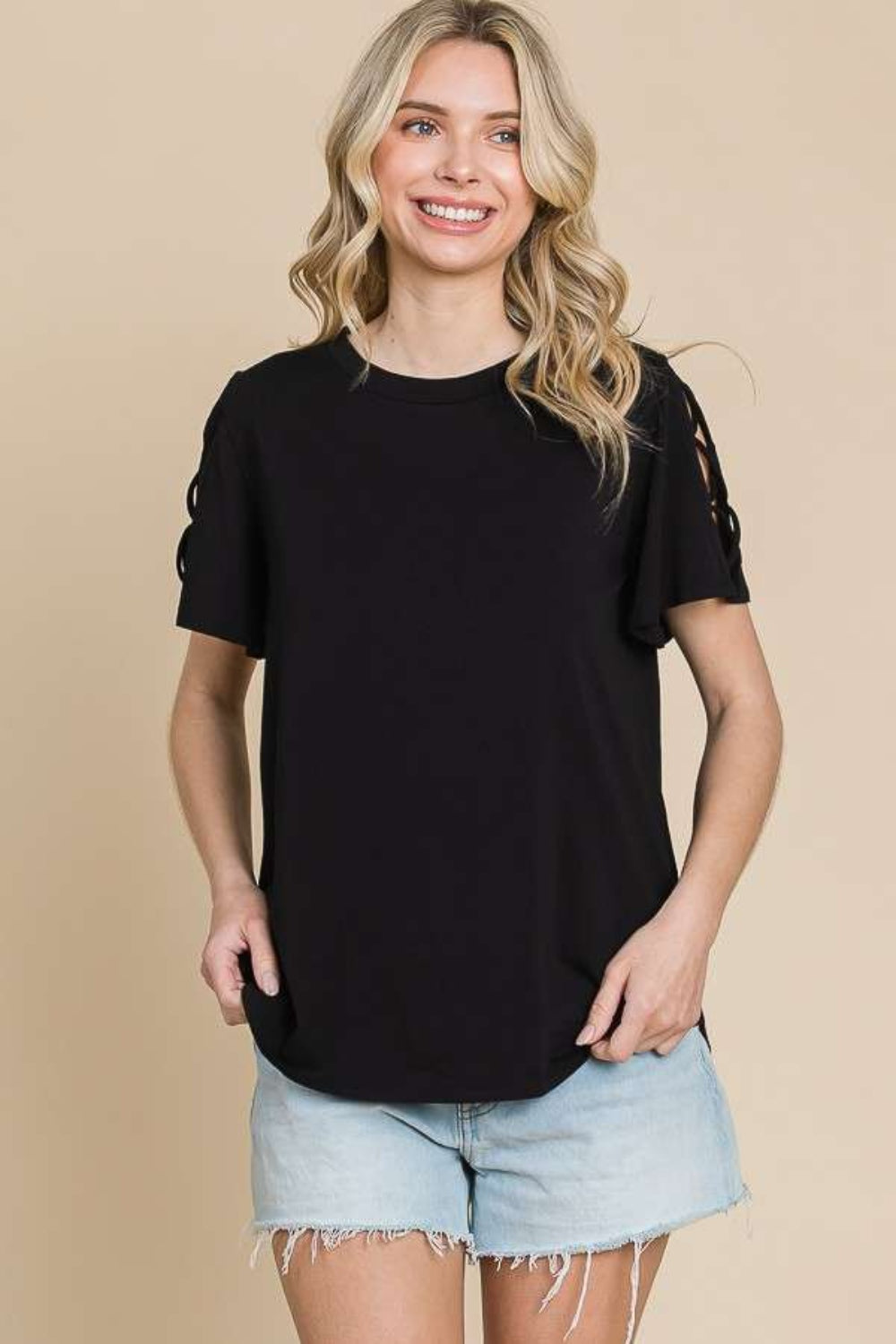 STUNNLY  Culture Code Round Neck Crisscross Short Sleeve T-Shirt Black S 