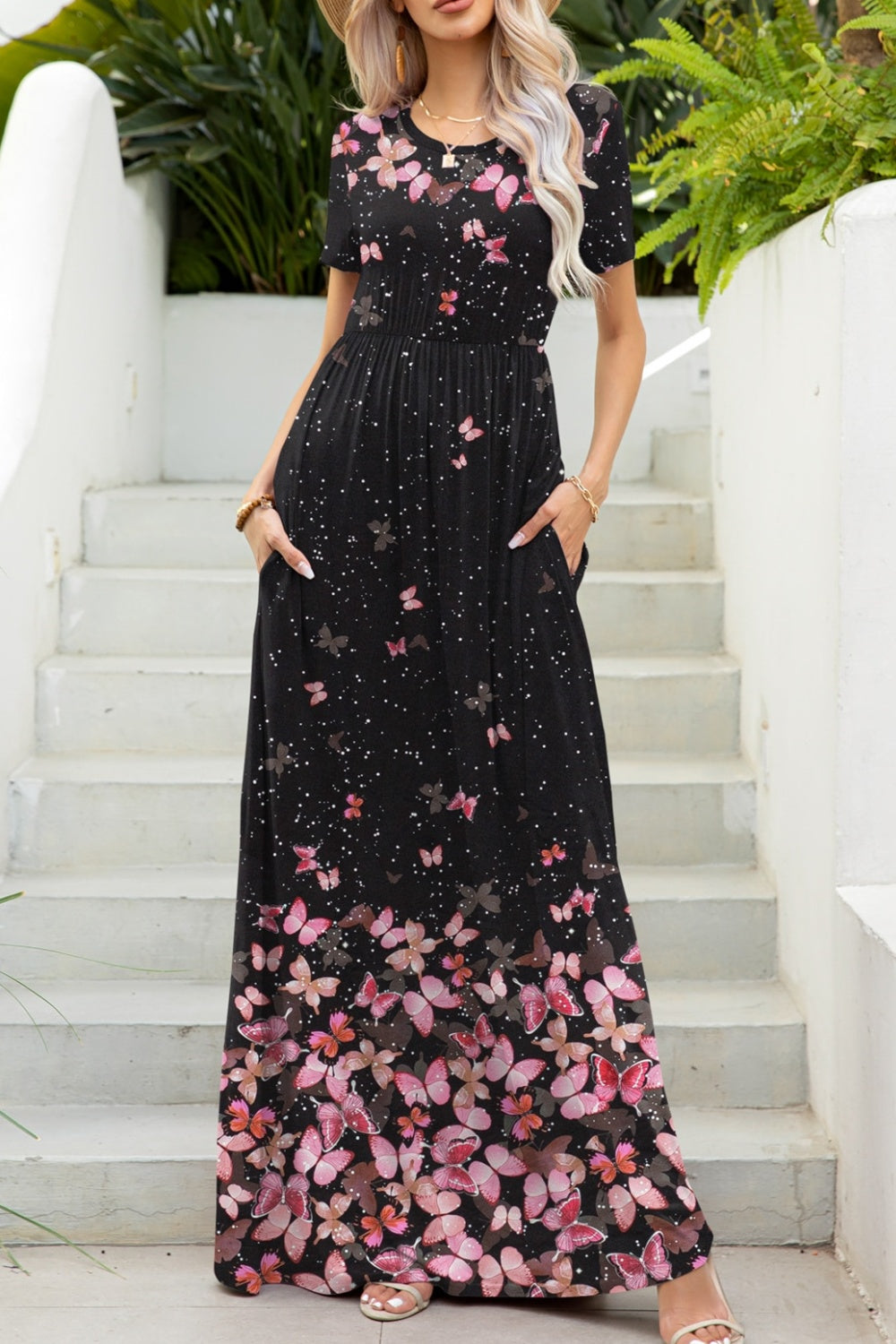 Printed Round Neck Short Sleeve Maxi Dress   