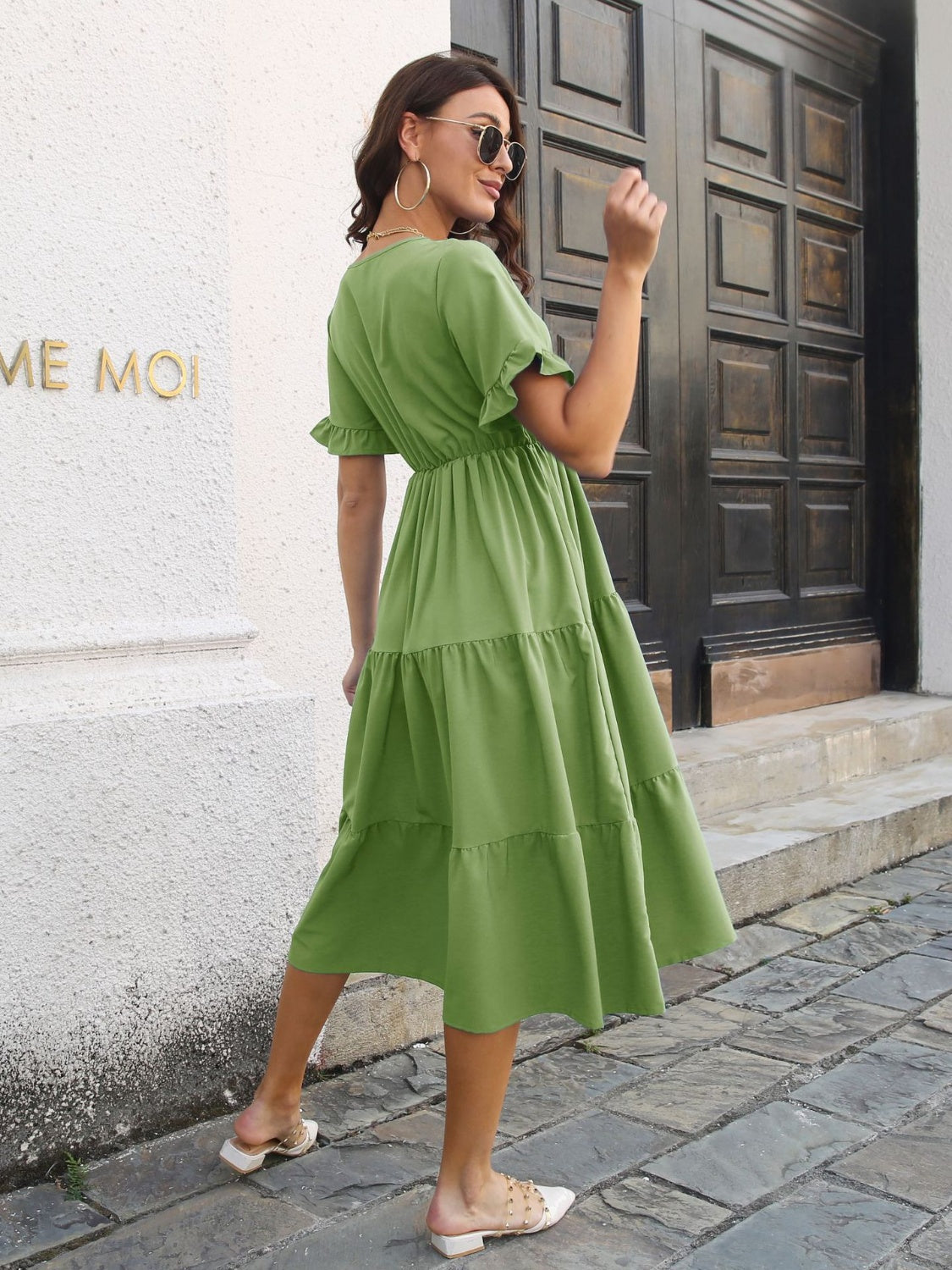 V-Neck Short Sleeve Midi Dress   