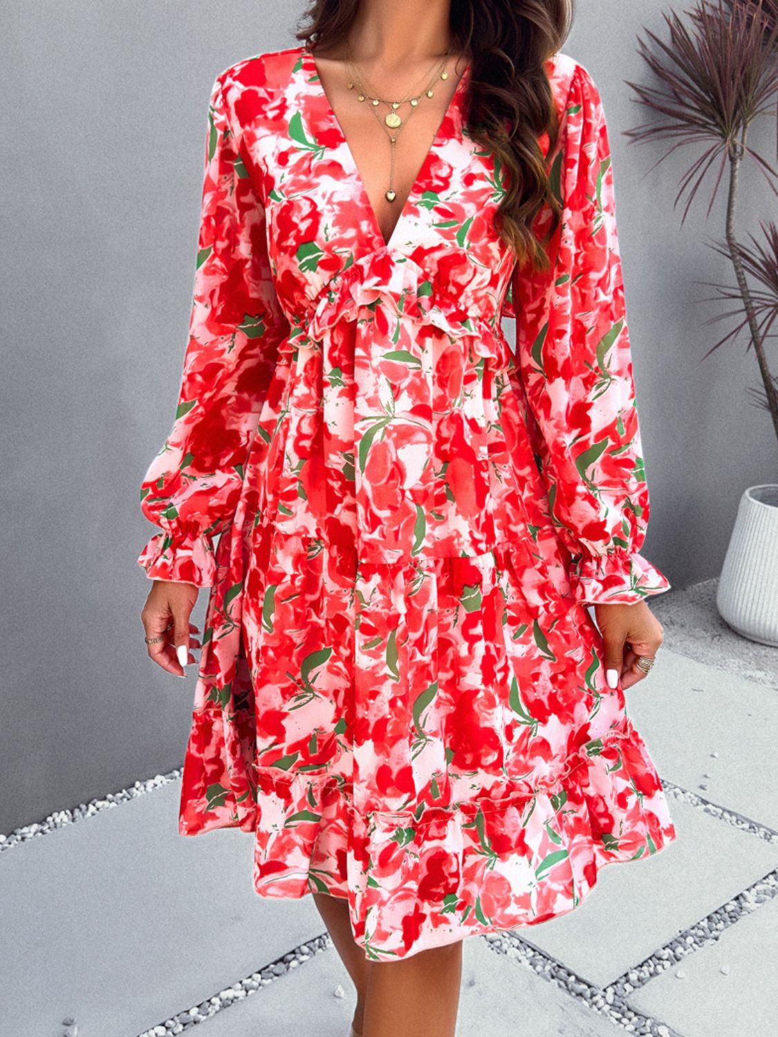 Backless Printed V-Neck Flounce Sleeve Dress   