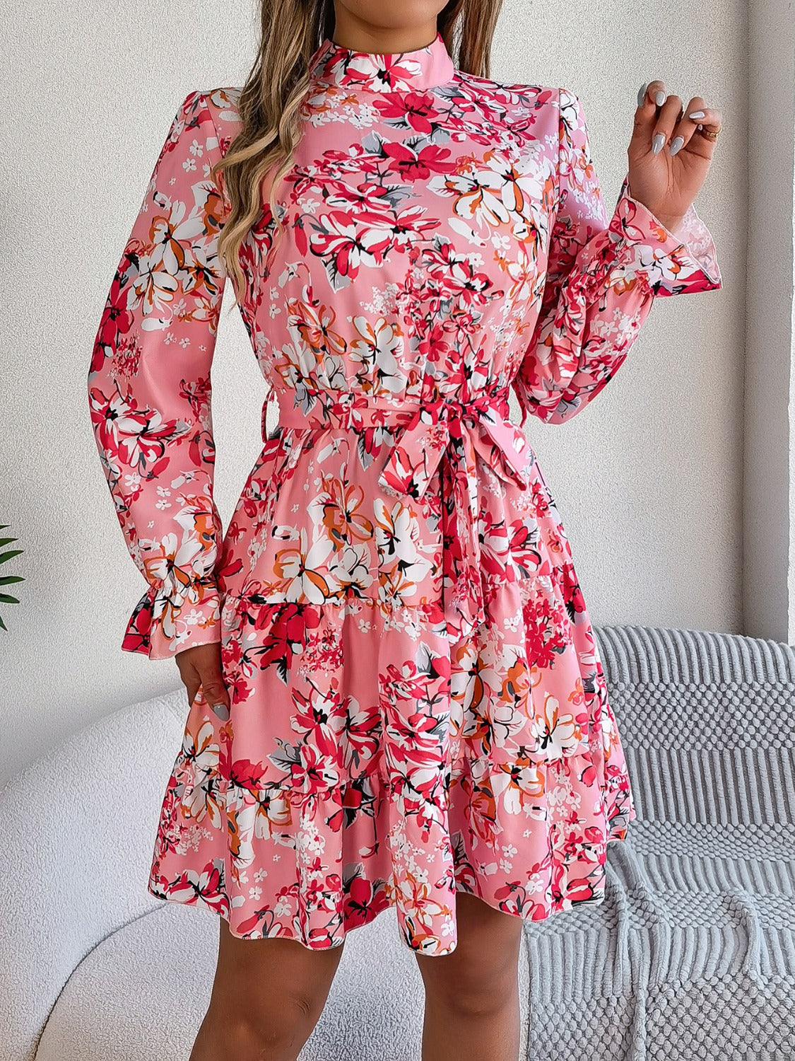 Printed Mock Neck Flounce Sleeve Mini Dress   