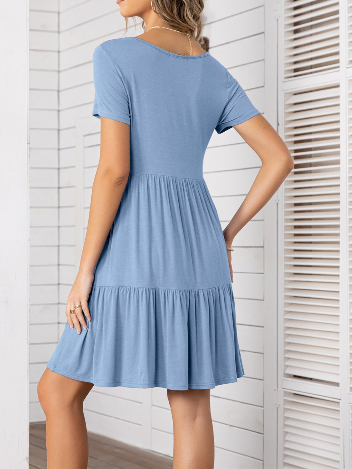 Round Neck Short Sleeve Mini Tee Dress Light Blue S 