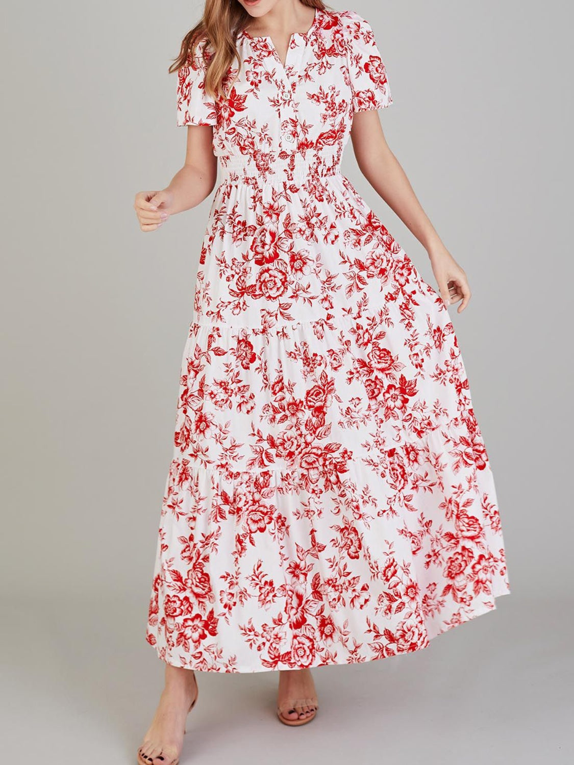 Tiered Floral Notched Short Sleeve Dress   