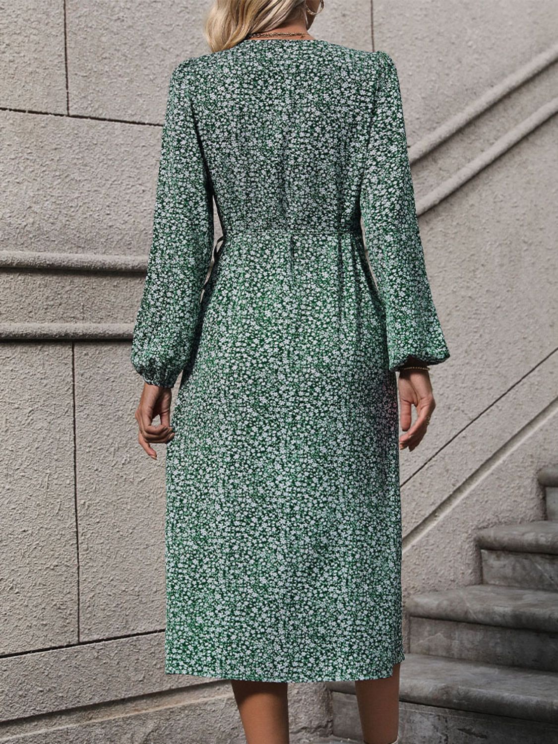 Printed Surplice Long Sleeve Midi Dress   