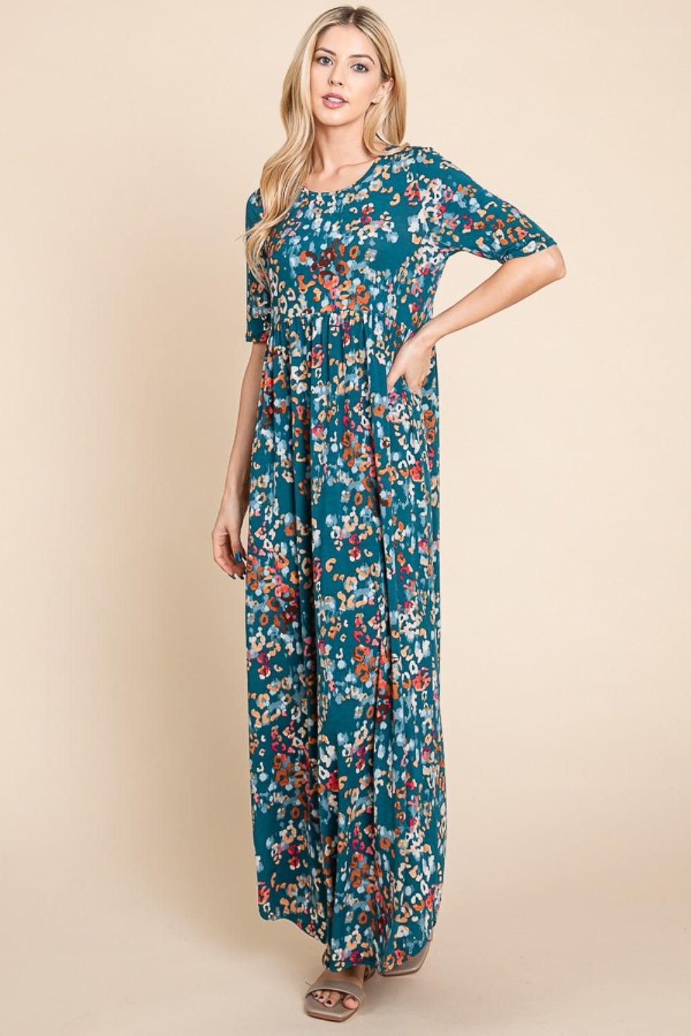 BOMBOM Printed Shirred Maxi Dress Teal S 