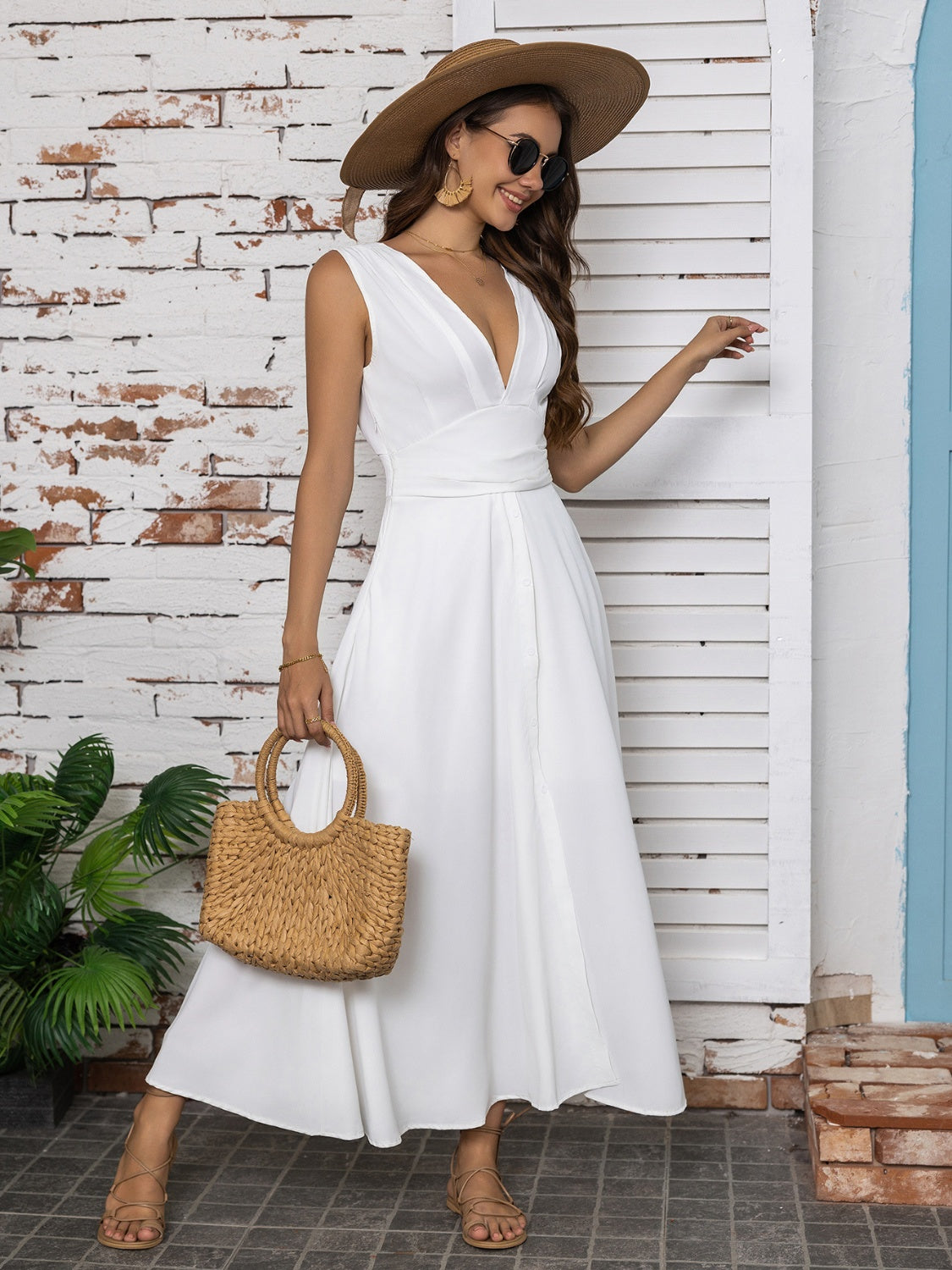 Full Size Slit V-Neck Sleeveless Midi Dress   