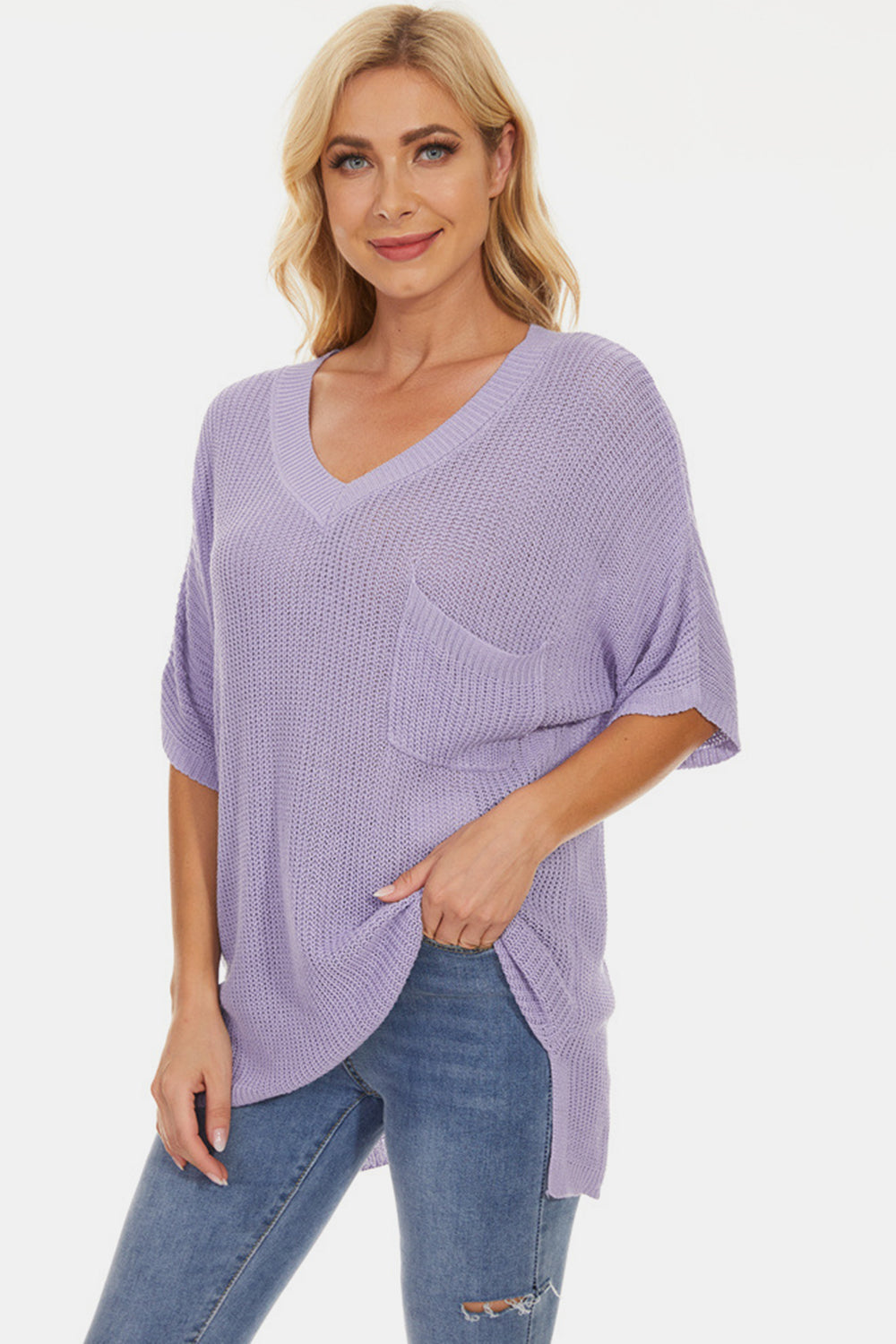 STUNNLY  Pocketed V-Neck Half Sleeve Knit Top   