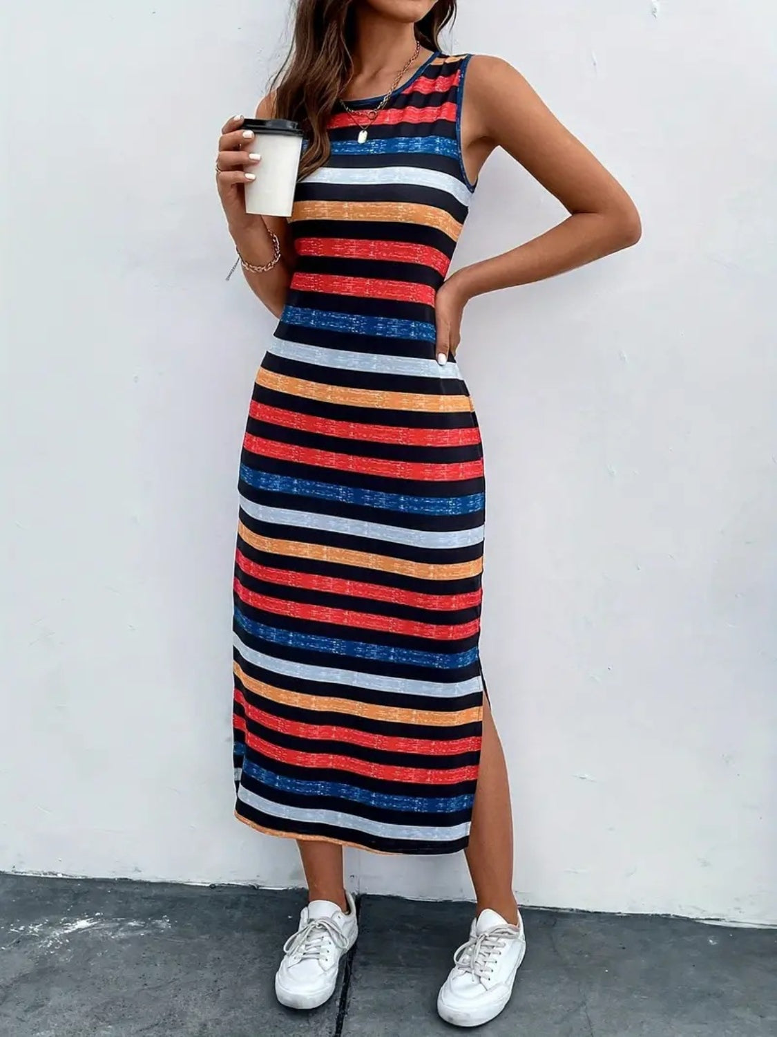 STUNNLY  Slit Striped Round Neck Tank Dress   